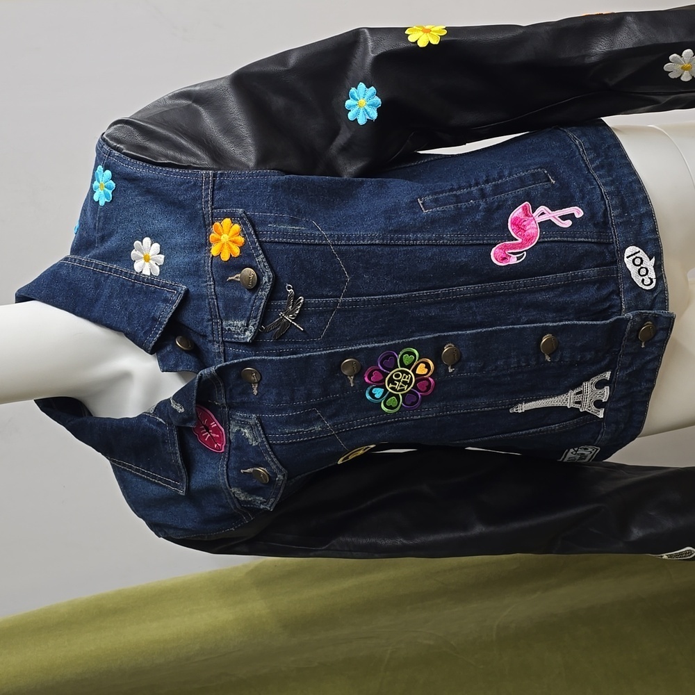 Laundry Den M Converted Custom Patchwork Jean Jacket Faux Leather Sleeves SizeXL